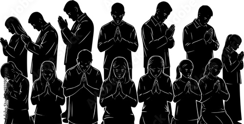 Silhouette collection of praying people, men women and children in worship, folded hands, Christian prayer poses, religious faith meditation vector illustration 