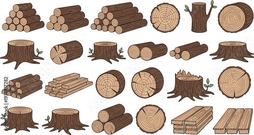 Wood logs, tree stumps and lumber planks collection isolated on white background forestry timber vector set