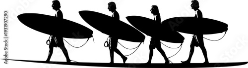 Silhouette surfers walking with surfboards, beach lifestyle vector illustration, surfing culture design, coastal holiday activity, summer ocean sports, active outdoor recreation artwork 