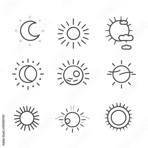 Set of Nine Black Line Sun and Moon Icons