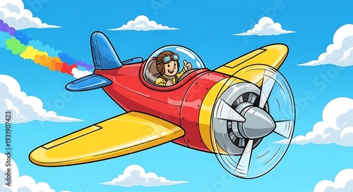 Colorful Cartoon Airplane Flying Through Clouds.