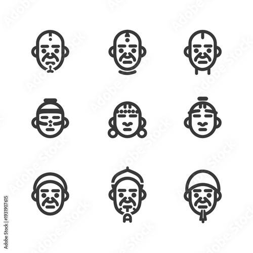Set of Nine Different Male Faces in Black and White Outline Style
