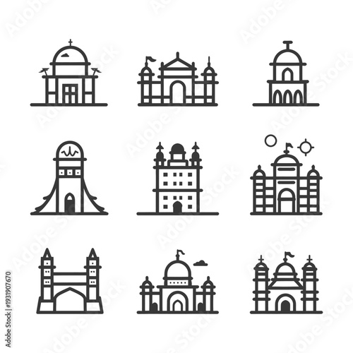 Set of nine iconic architectural structures with intricate details and decorative elements.