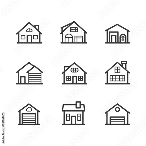 Set of Nine Line Drawings of Different House Styles