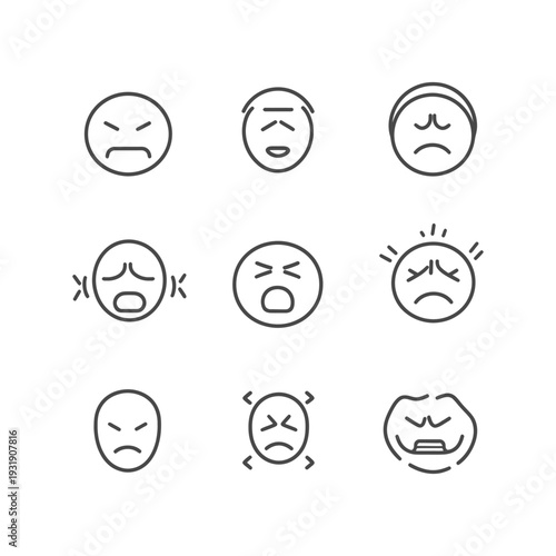 Set of Nine Line Drawings of Sad Facial Expressions