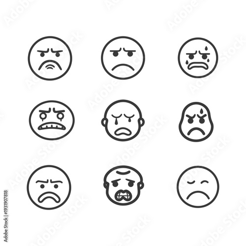 Set of Nine Line Drawings of Sad Emojis