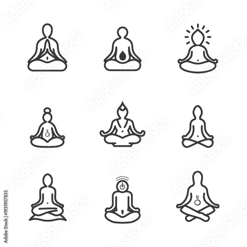 Set of nine line icons depicting different yoga poses