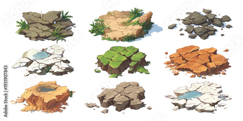 Collection of stylized isometric ground tiles and floating platforms for game environment design vector illustration on white background