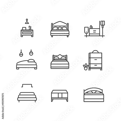 Set of nine line icons depicting various types of beds and furniture
