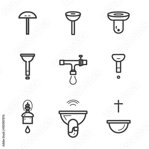 Set of Nine Line Icons for Plumbing and Water Systems