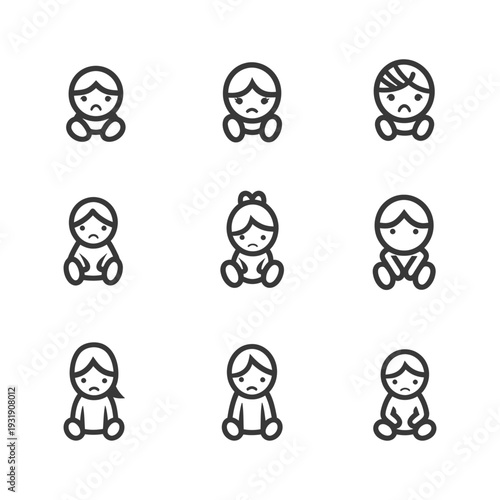 Set of Nine Sad Cartoon Characters in Sitting Position