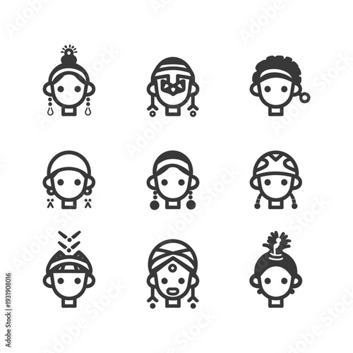Set of Nine Simple Black and White Icons Depicting People with Unique Hairstyles