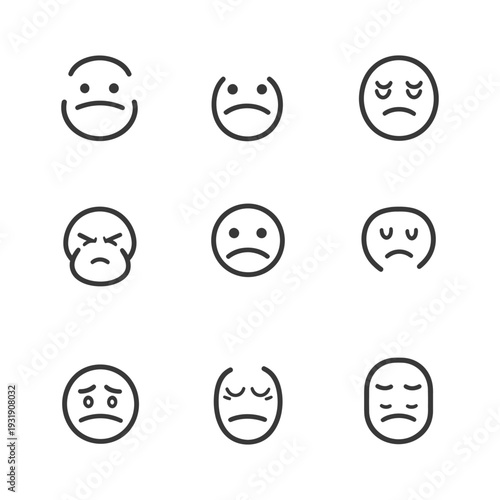 Set of Nine Sad Emojis with Different Facial Expressions