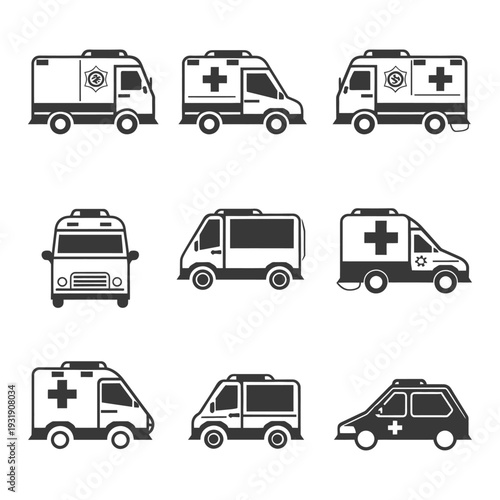 Set of Nine Simple Ambulance Car Icons in Black and White