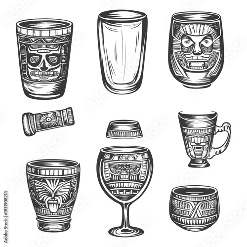 Set of Ornate Drinking Vessels with Carved Faces