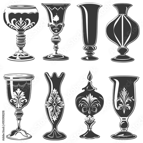 Set of Ornate Vases and Goblets with Floral Designs