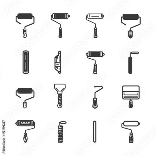 Set of Paint Roller Icons in Black and White