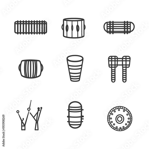 Set of Percussion Instrument Icons with Black Line Art
