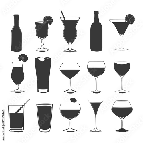 Set of Silhouette Drink Glasses and Bottles