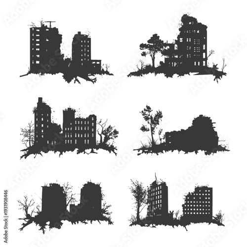 Set of Silhouette Illustrations of Abandoned and Ruined Buildings