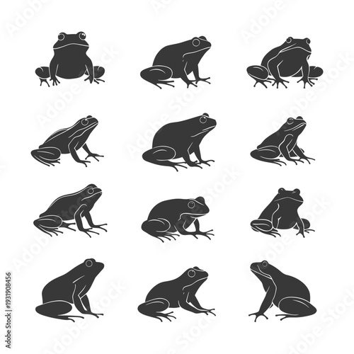Set of Silhouettes of Frogs in Various Poses