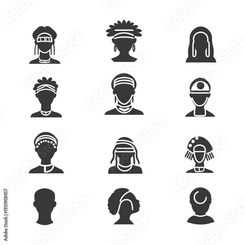 Set of Silhouettes of People with Different Hairstyles and Headwear