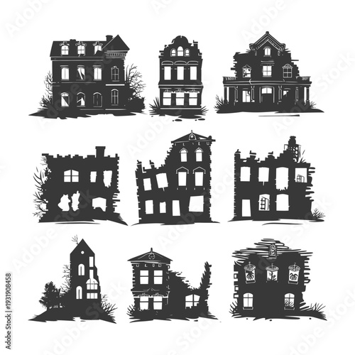 Set of Silhouettes of Old and Abandoned Houses