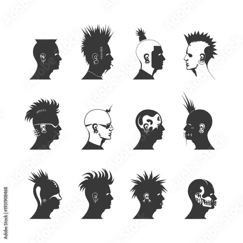 Set of Silhouettes of Punk Rockers with Mohawks and Piercings