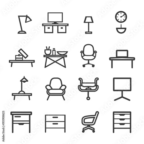 Set of Simple Office Furniture and Accessories Icons