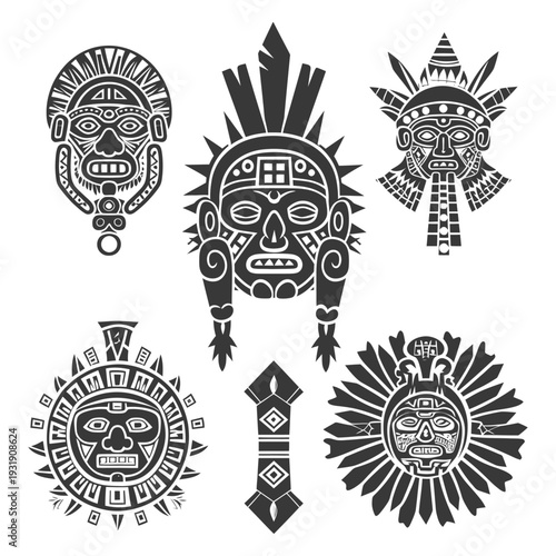 Set of Six Black and White Stylized Tribal Masks