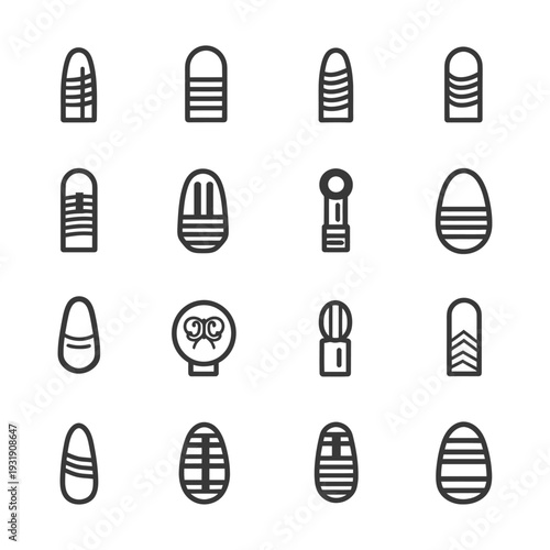 Set of sixteen black and white icons depicting different types of soles