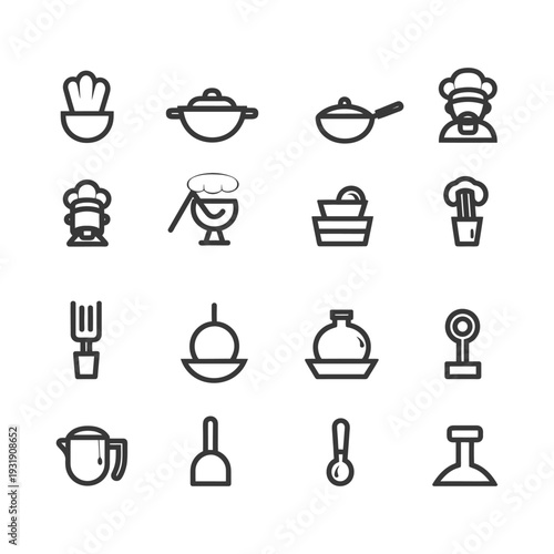 Set of Sixteen Black and White Line Icons for Kitchen Utensils and Tools