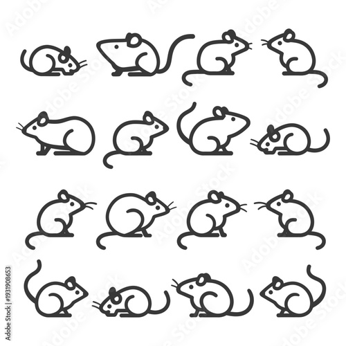 Set of sixteen black and white mouse line icons