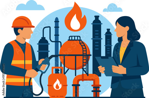 People work in gas industry vector illustration, cartoon flat man worker
