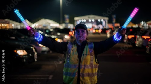 Staff member wearing glow wands directing vehicle traffic at a busy outdoor event drivein focused on hand signals with softly blurred parked cars.