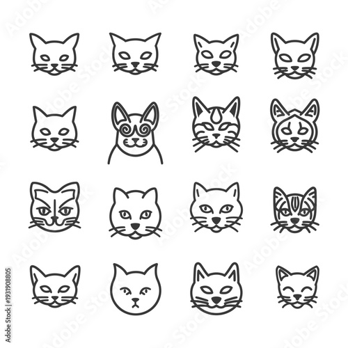Set of Sixteen Cat Face Line Icons in Black and White