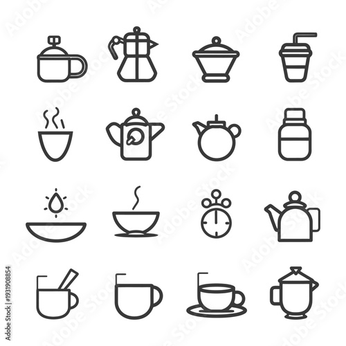 Set of Sixteen Line Icons for Coffee and Tea Preparation and Serving