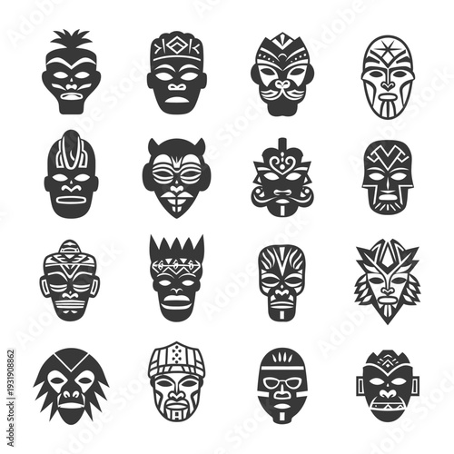 Set of Sixteen Tribal Masks with Geometric Designs