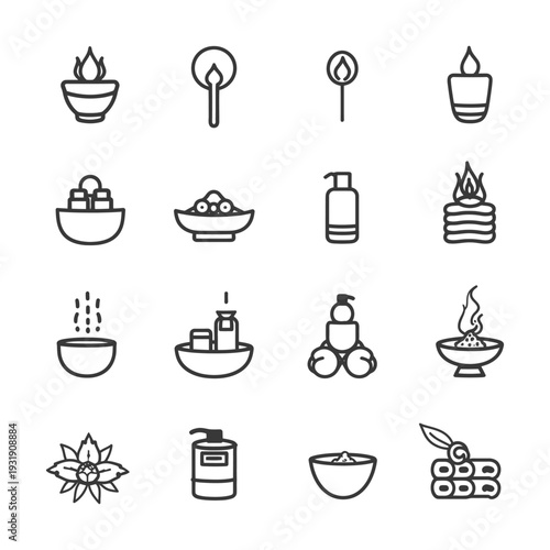 Set of Spa and Wellness Line Icons with Flame and Lotion Elements