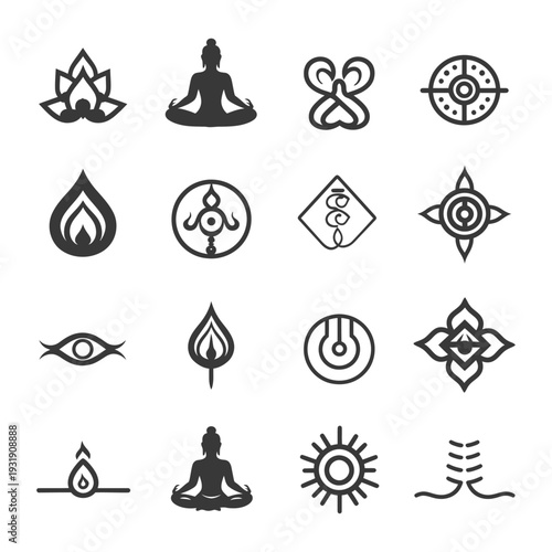 Set of Spiritual, Yoga, Meditation, and Religious Symbols in Black and White