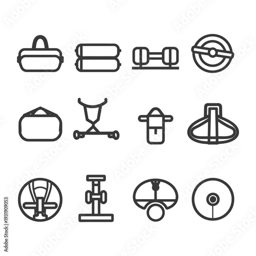 Set of twelve gym equipment line icons