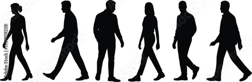 Walking silhouettes of people in motion, human figures stride, black silhouettes walking right, diverse male female forms, isolated white background