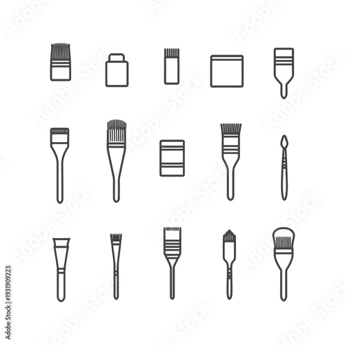 Set of various paintbrushes, paint tubes, and containers for painting
