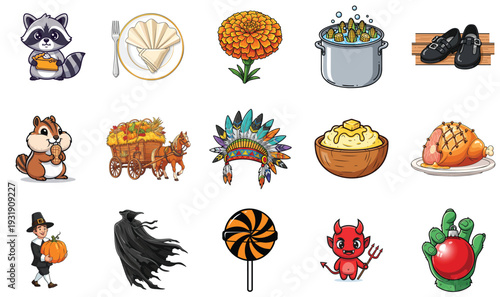 Cartoon Autumn Holiday Collection Illustration Set Isolated on White