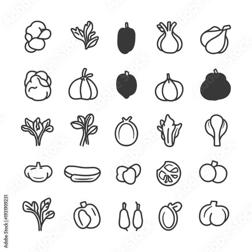 Set of Vegetable and Herb Outline Icons