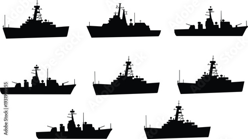Warship silhouettes, naval vessels, military ships, battleships, destroyers, radar masts, gun turrets, naval architecture, defense fleet, maritime design, black outline illustration