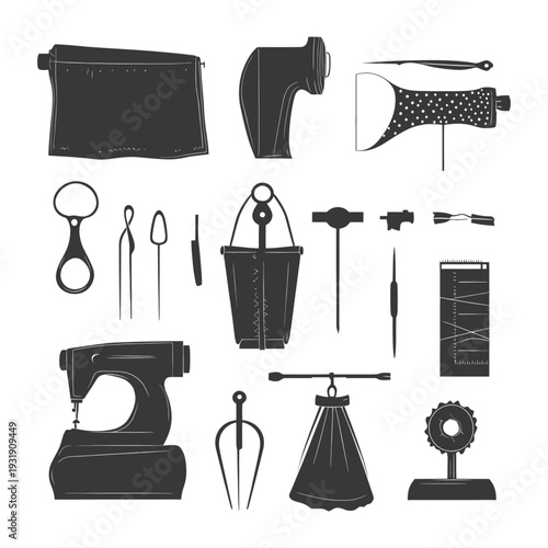 Silhouette Icons of Sewing and Tailoring Tools and Equipment