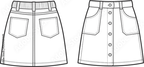 Denim Button Front Mini Skirt Fashion Technical Drawing Vector Template with Front and Back Views Patch Pockets Elasticated Waistband and Topstitching Details for Design CAD