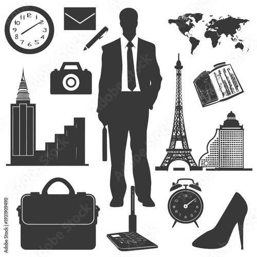 Silhouette Icons Representing Business, Travel, and Time