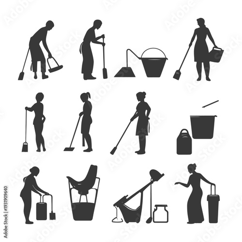 Silhouette Illustrations of Women Cleaning with Various Tools